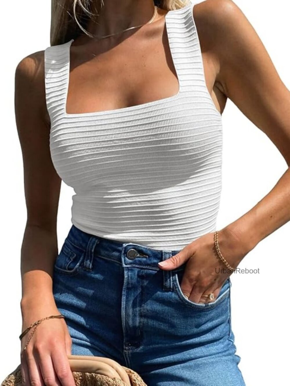 Ribbed Square Neck Tank Top - Fitted Sleeveless Knit Top Casual Summer